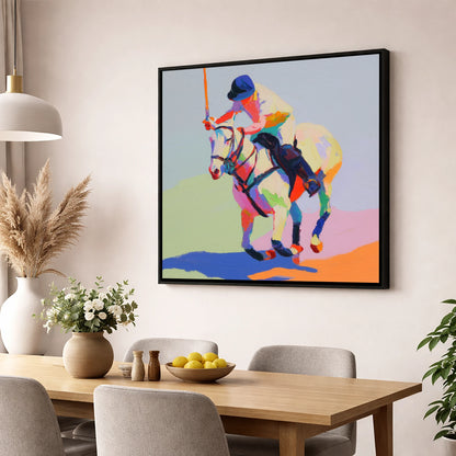 Vibrant Polo Drive polo horse wall art displayed in a dining room