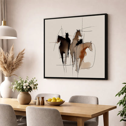 Dynamic Equine Trio horse portrait wall art displayed in a dining room