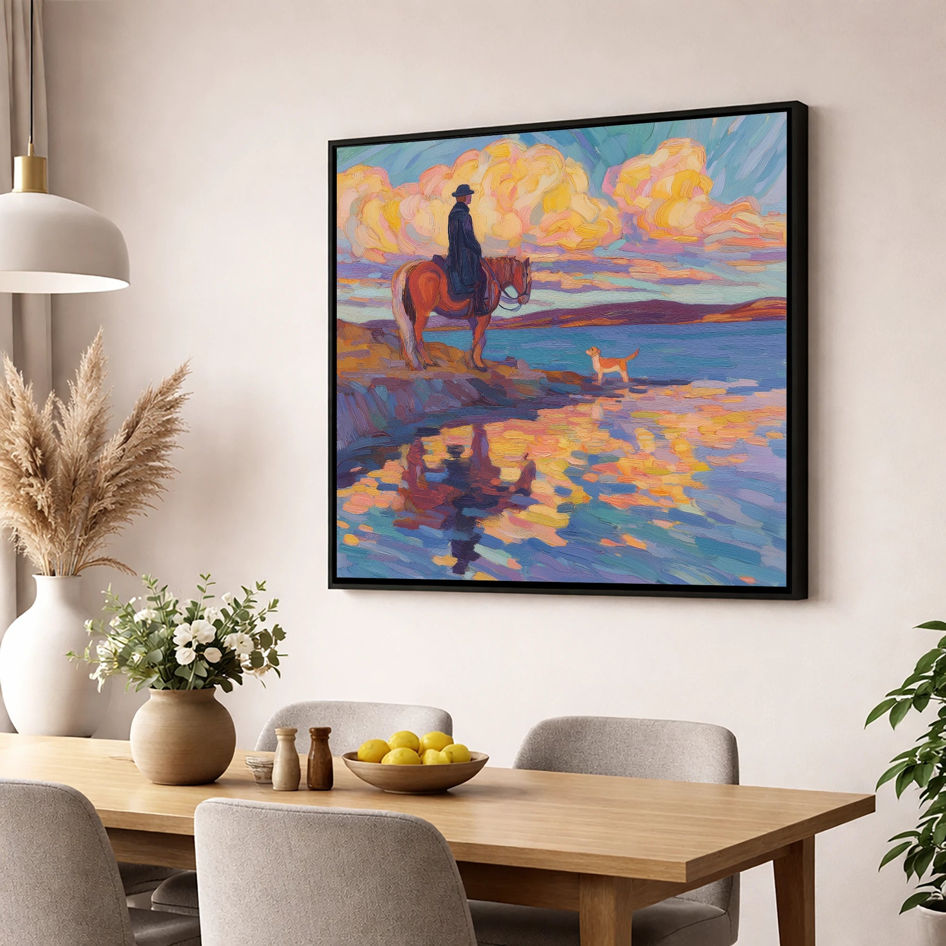 Evening Tide Halt beach horse wall art displayed in a dining room