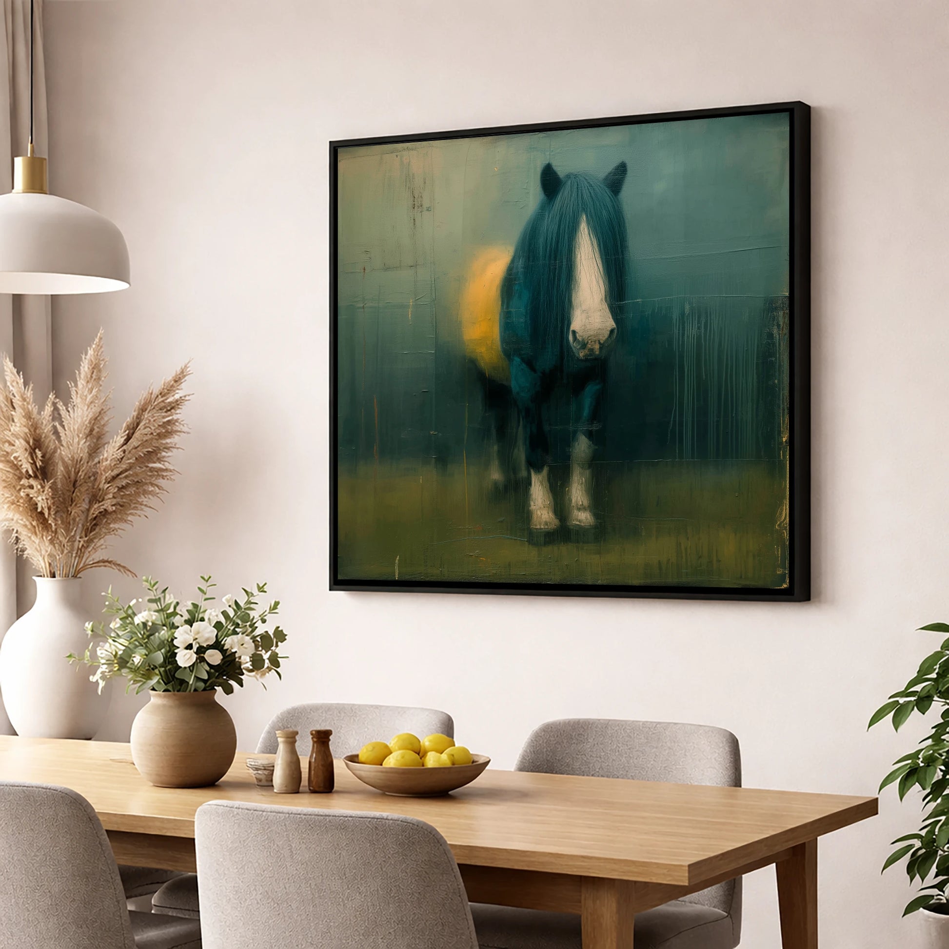 Quiet Draught in Teal horse breed wall art displayed in a dining room