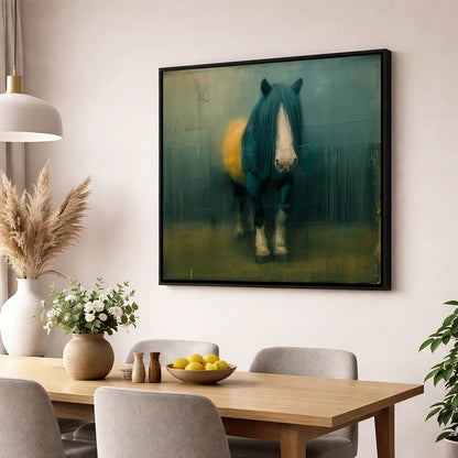 Quiet Draught in Teal horse breed wall art displayed in a dining room