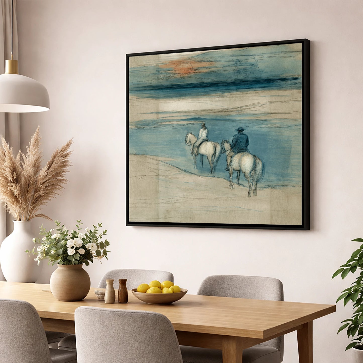 Twilight Shoreline Ride horse landscape wall art displayed in a dining room