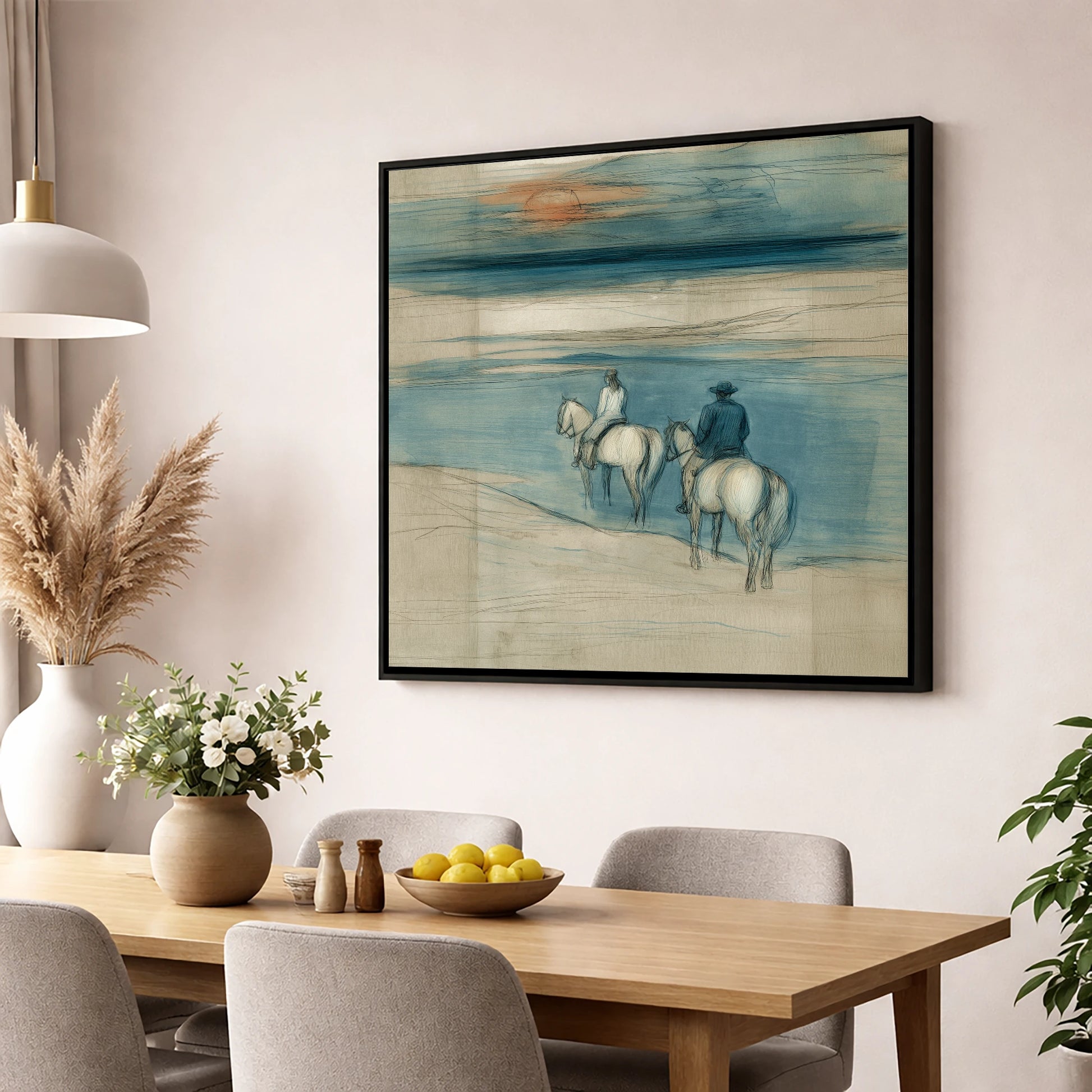 Twilight Shoreline Ride horse landscape wall art displayed in a dining room