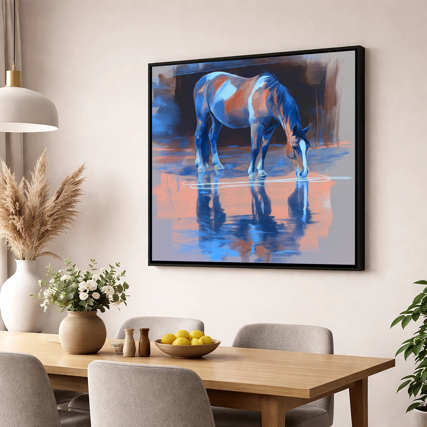 Tranquil Reflection horse portrait wall art displayed in a dining room