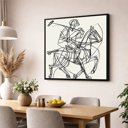 Linear Polo Strike polo horse wall art displayed in a dining room