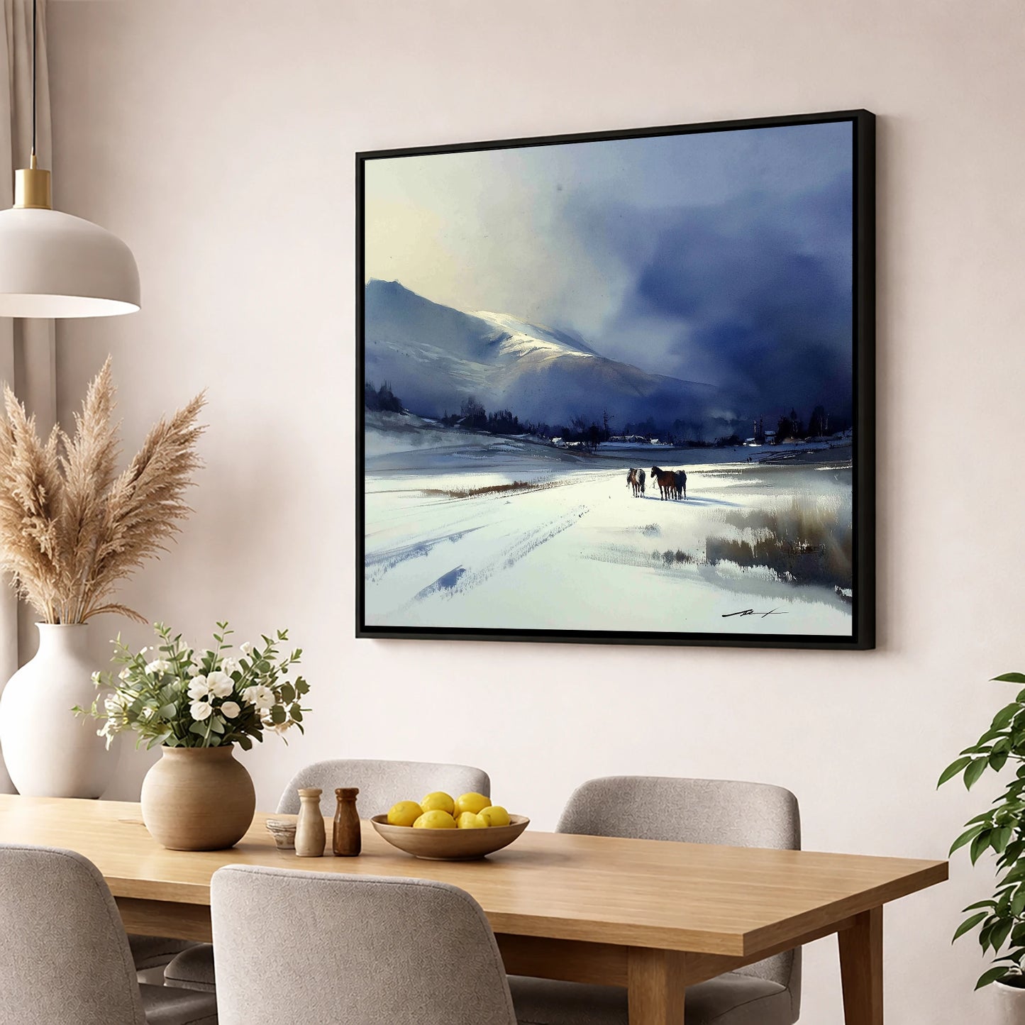 Indigo Winter Valley horse landscape wall art displayed in a dining room