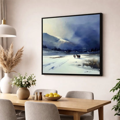 Indigo Winter Valley horse landscape wall art displayed in a dining room