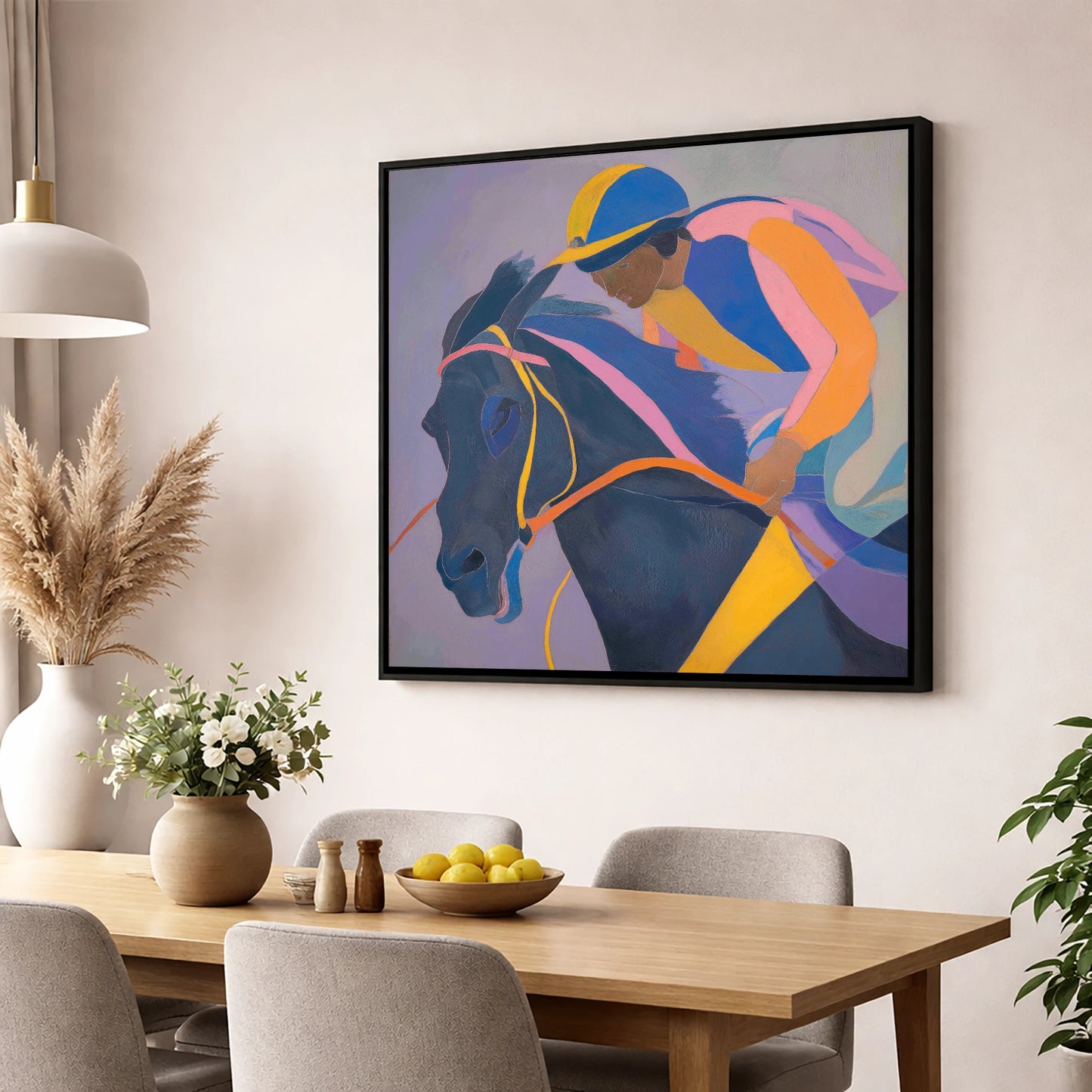 Dynamic Silks racing horse wall art displayed in a dining room