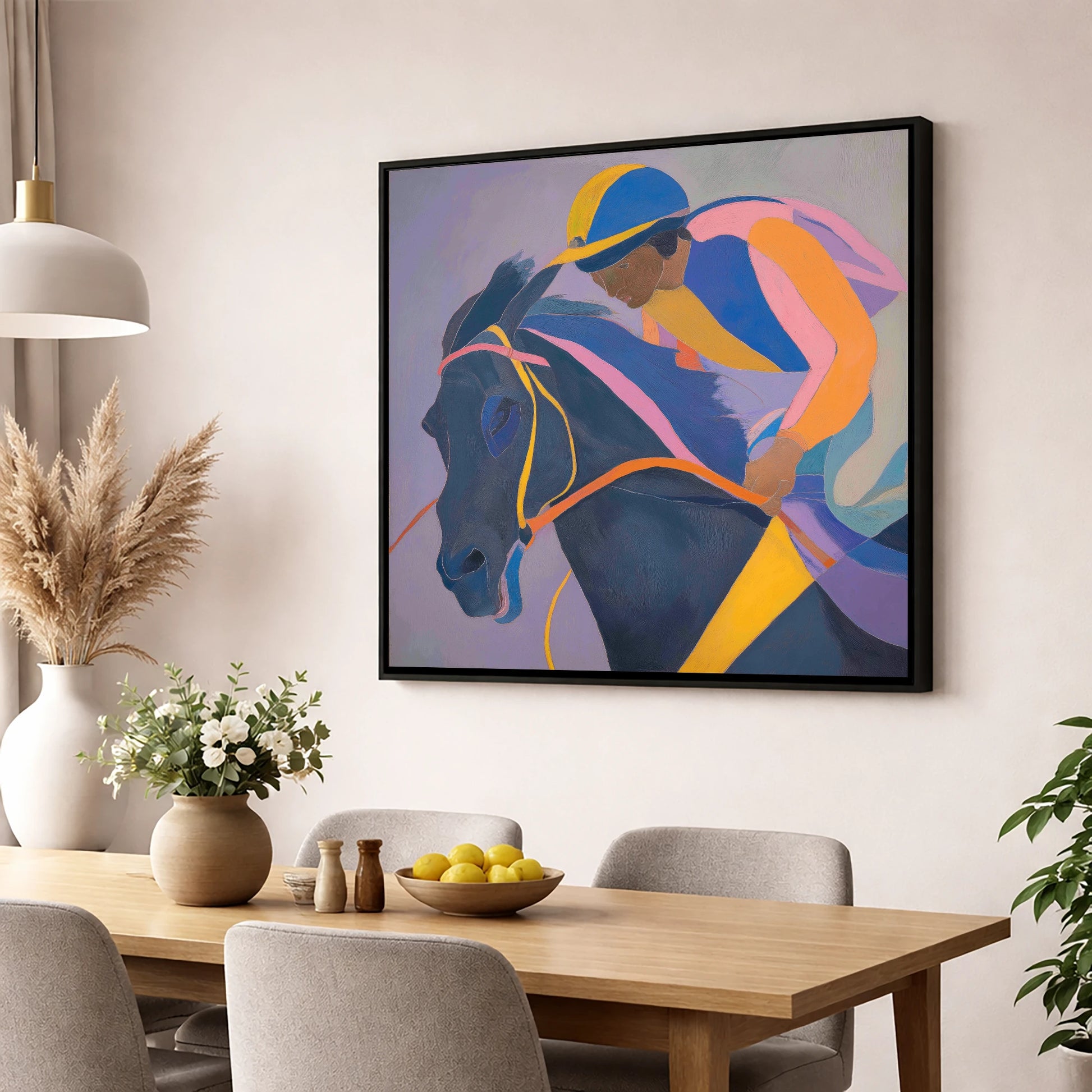 Dynamic Silks racing horse wall art displayed in a dining room
