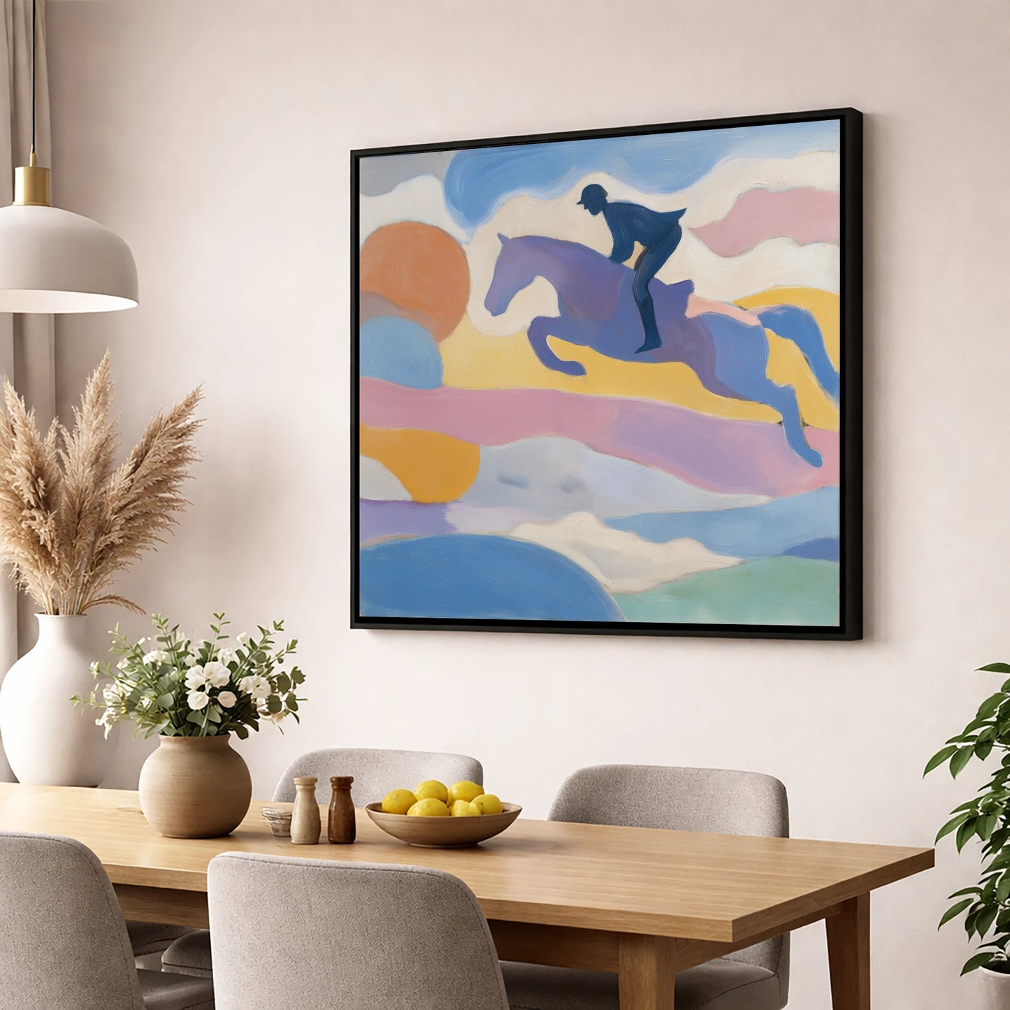Pastel Flight show jumping horse wall art displayed in a dining room