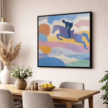 Pastel Flight show jumping horse wall art displayed in a dining room
