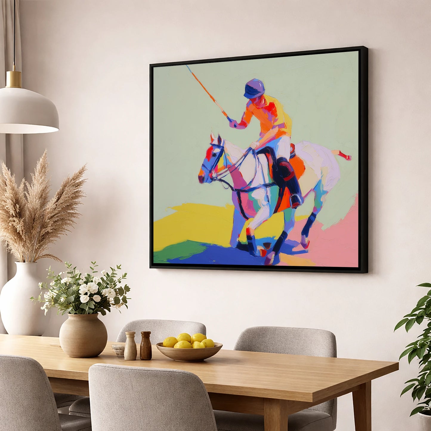 Vivid Midfield Strike polo horse wall art displayed in a dining room
