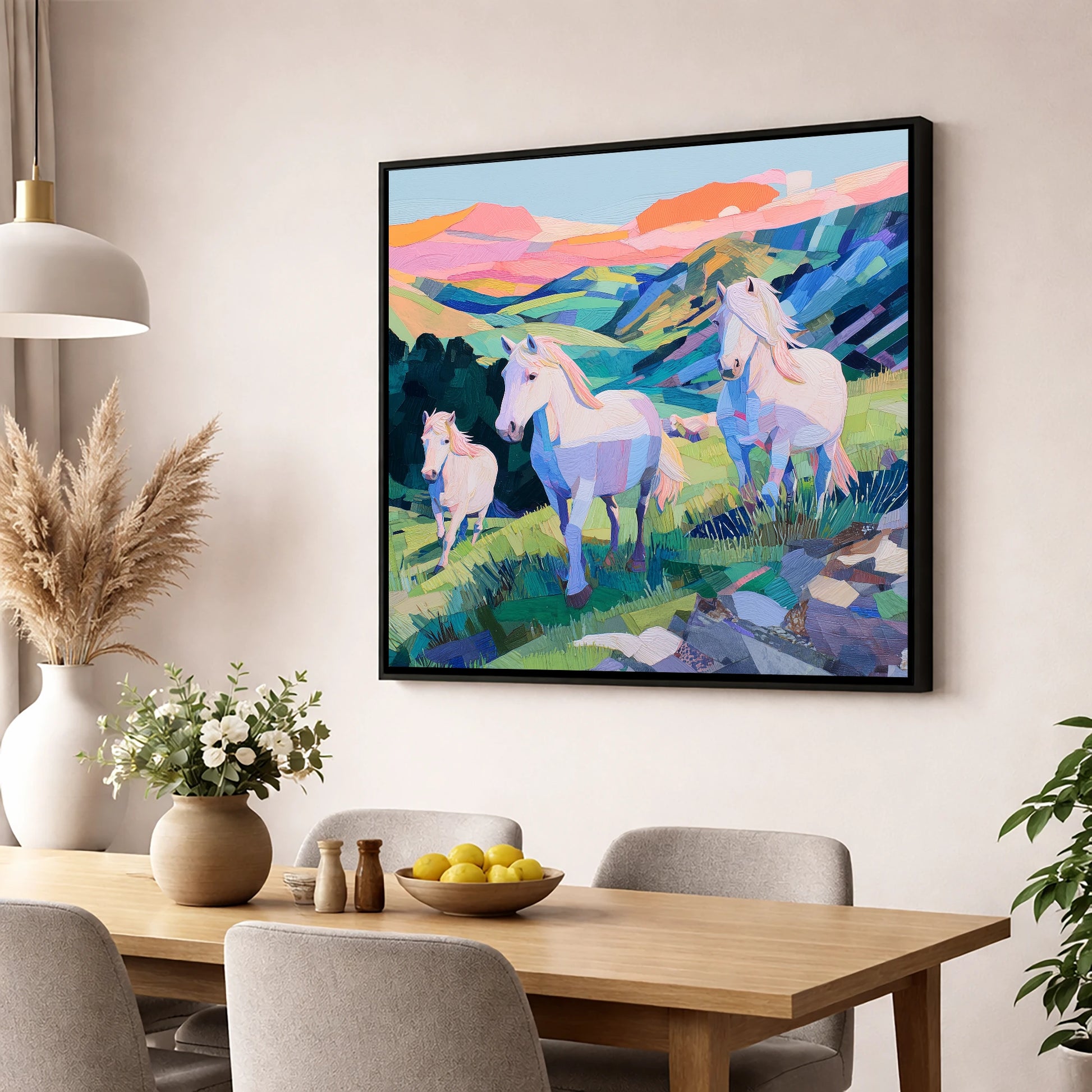 Vibrant Valley Herd horse landscape wall art displayed in a dining room