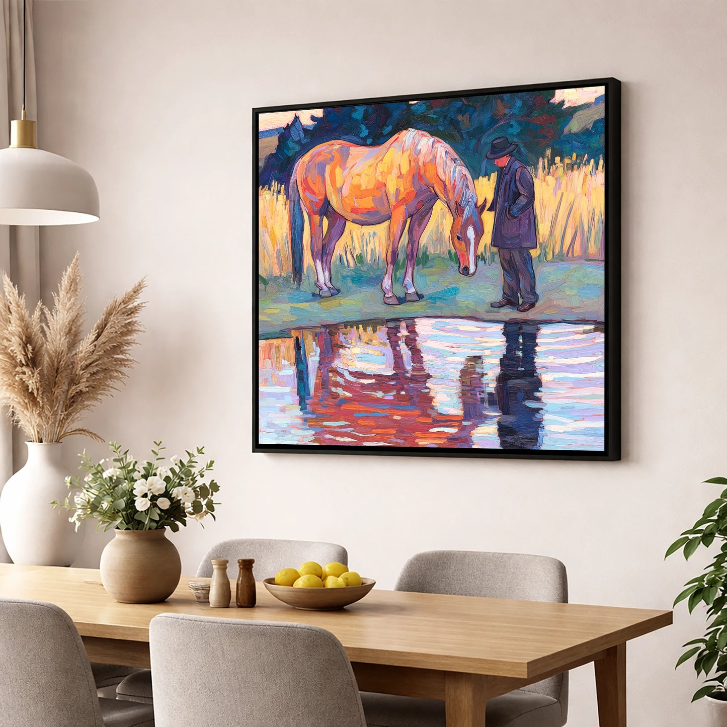 Quiet Reflections horse & rider wall art displayed in a dining room