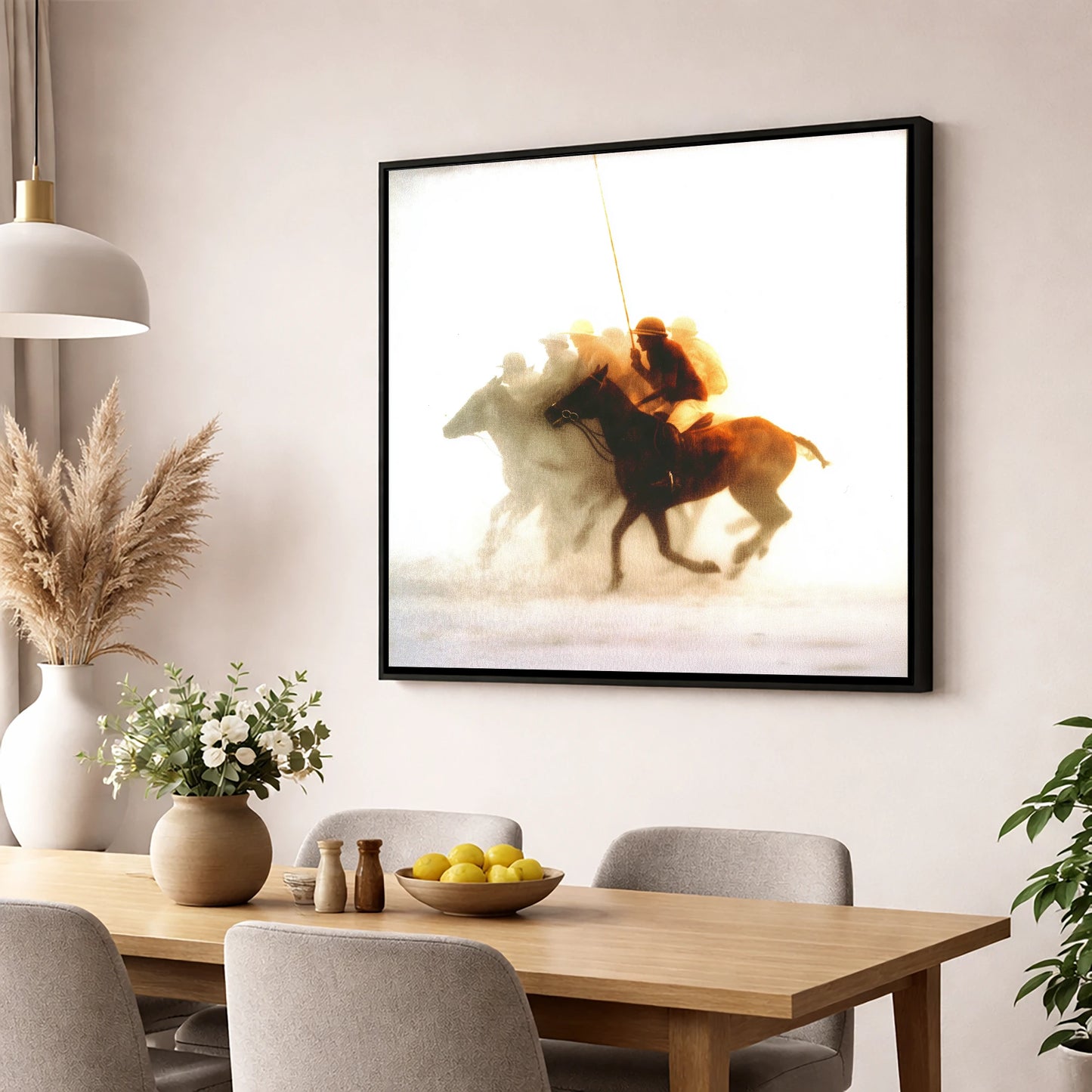 Through the Golden Haze polo horse wall art displayed in a dining room