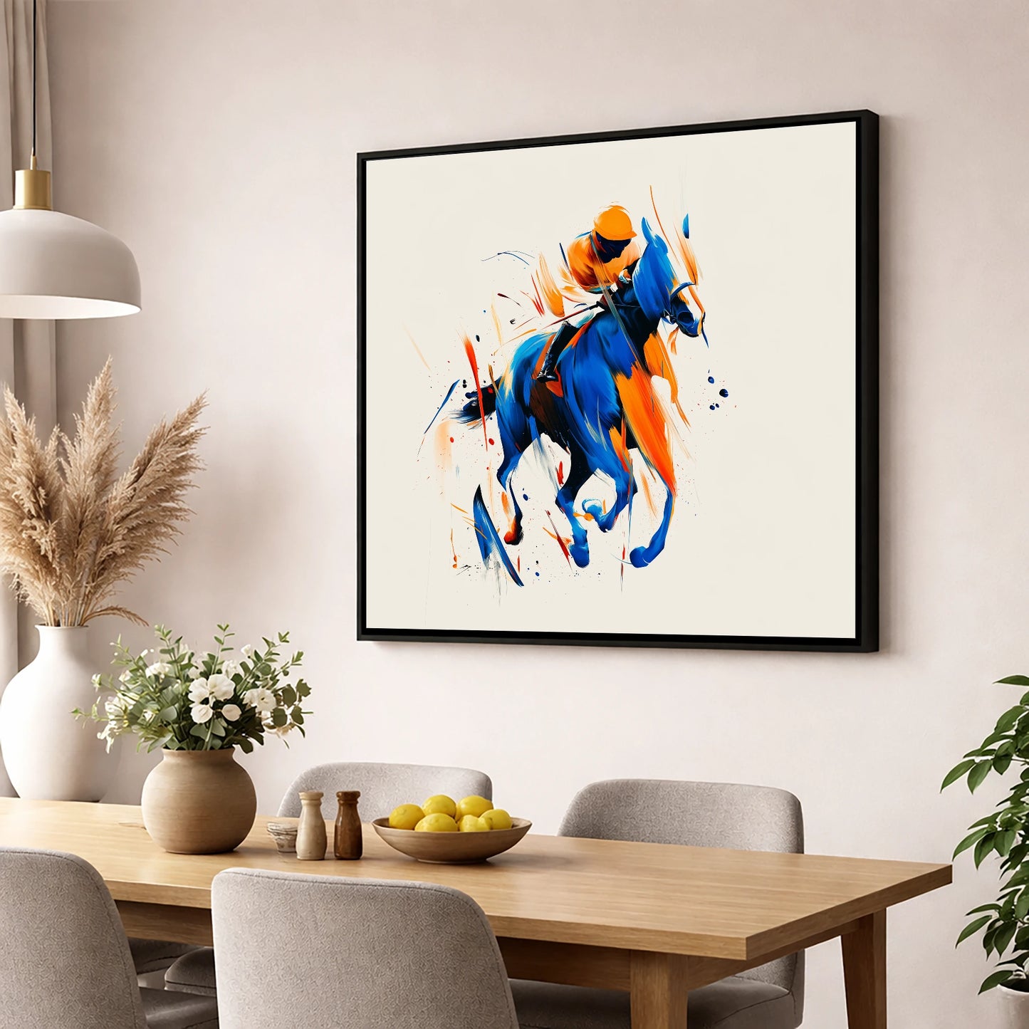 Velocity in Cobalt racing horse wall art displayed in a dining room