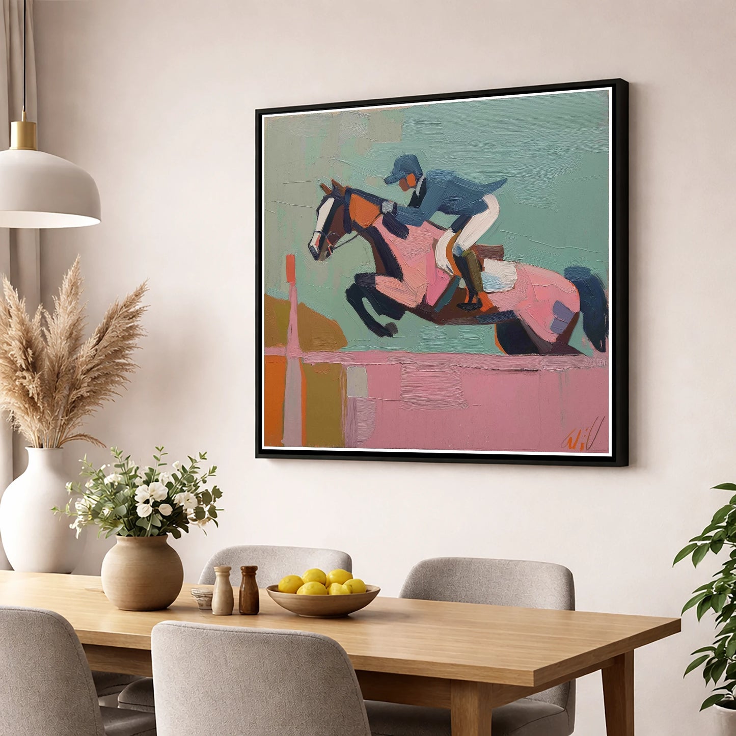 Apex of the Arc show jumping horse wall art displayed in a dining room