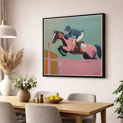 Apex of the Arc show jumping horse wall art displayed in a dining room