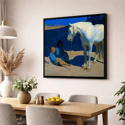 Azure and Ivory Bond horse & rider wall art displayed in a dining room