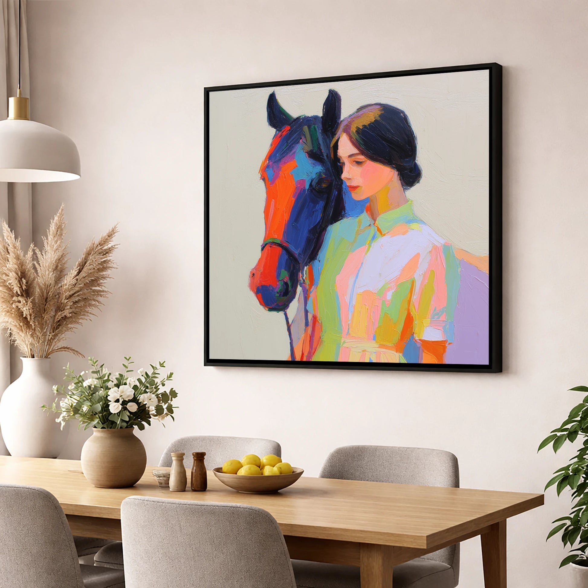 Radiant Companionship horse & rider wall art displayed in a dining room