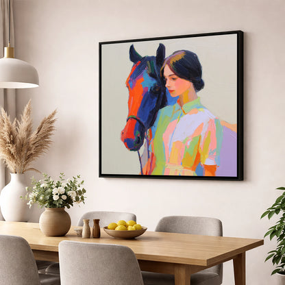 Radiant Companionship horse & rider wall art displayed in a dining room