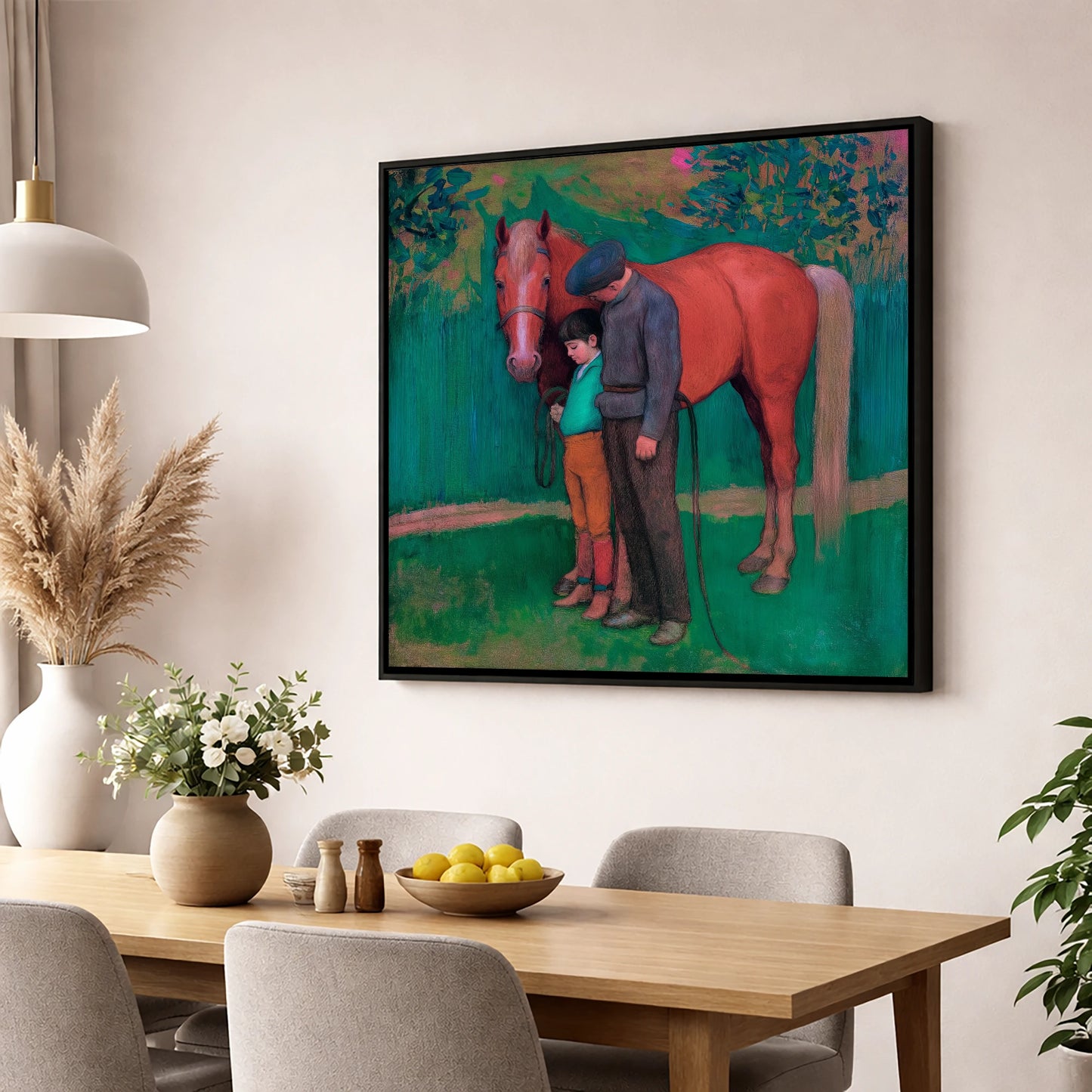 A Quiet Connection horse & rider wall art displayed in a dining room