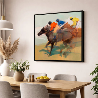 Silks of the Final Furlong racing horse wall art displayed in a dining room