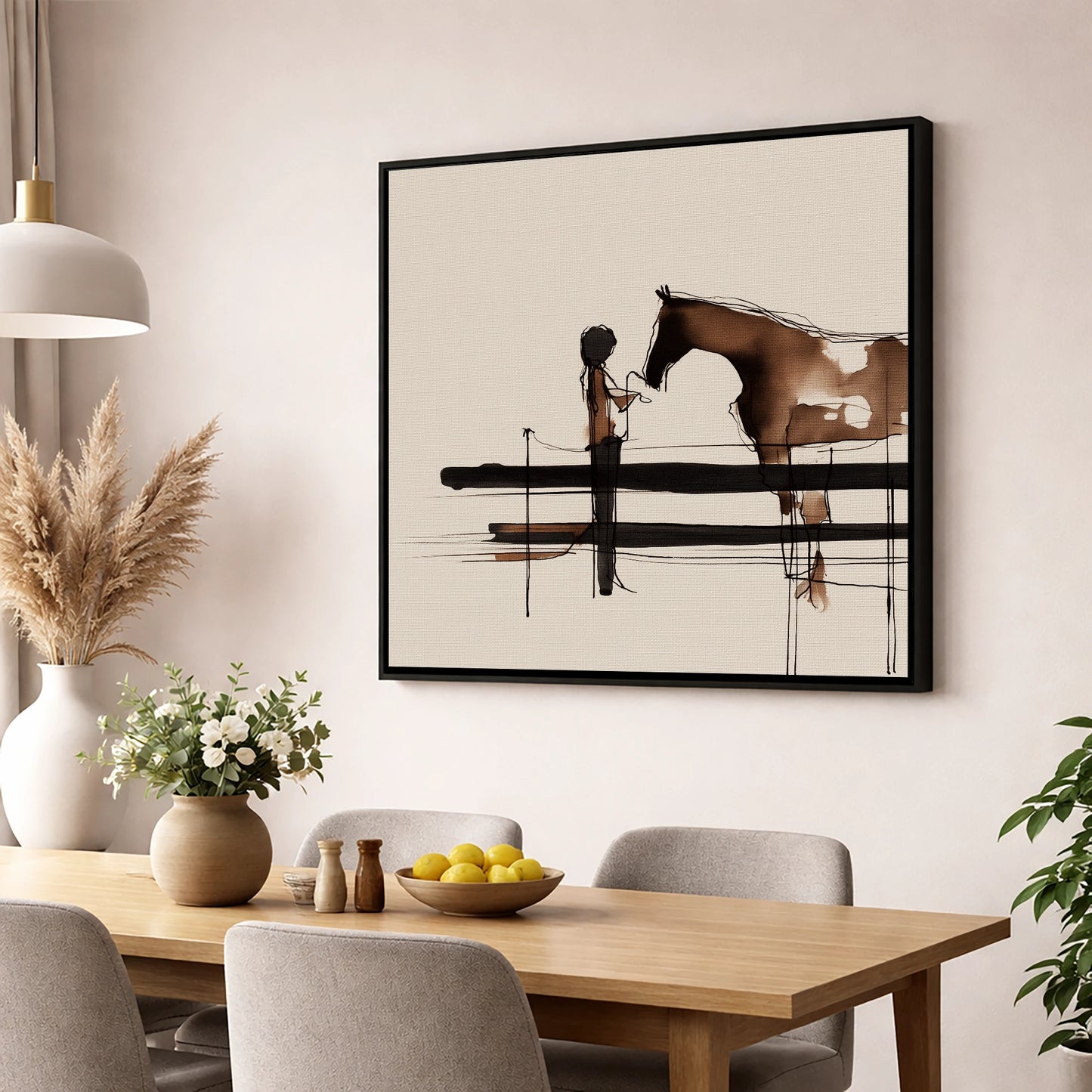 Connection at the Fence horse & rider wall art displayed in a dining room