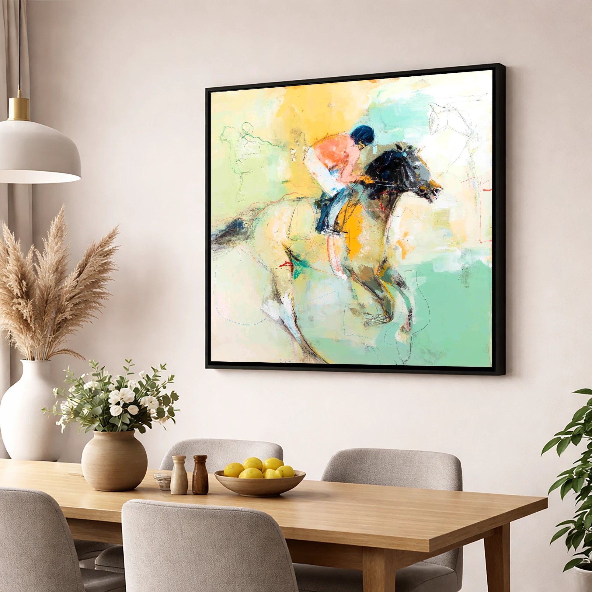 The Driving Finish racing horse wall art displayed in a dining room