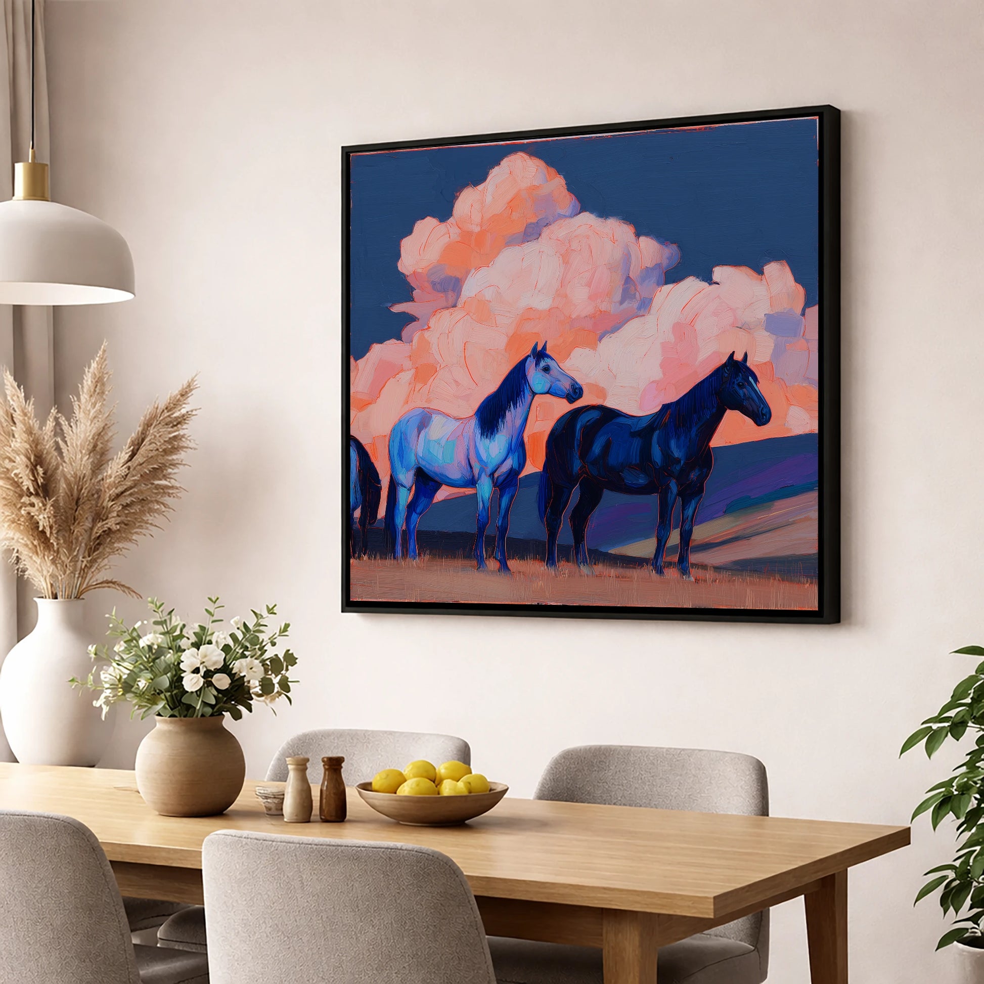 Indigo Horses Beneath Pastel Skies horse landscape wall art displayed in a dining room