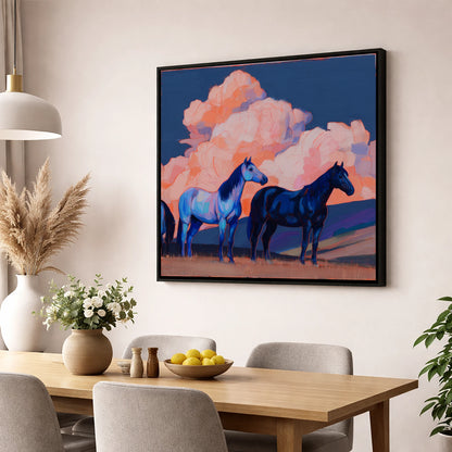 Indigo Horses Beneath Pastel Skies horse landscape wall art displayed in a dining room