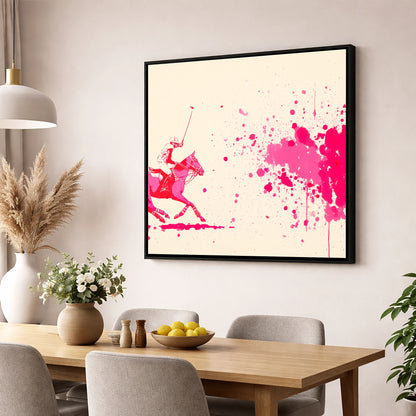 Magenta Polo Strike polo horse wall art displayed in a dining room