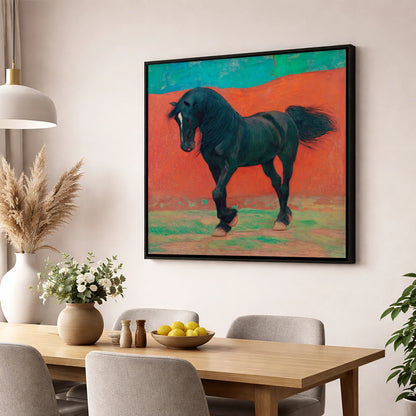 Bold Friesian Rhythm horse breed wall art displayed in a dining room