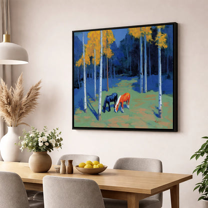 Birch Grove Grazing horse landscape wall art displayed in a dining room