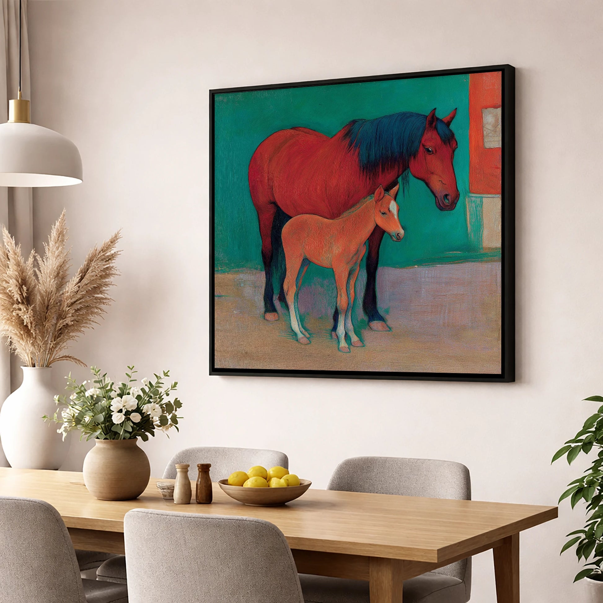 Crimson Mare and Foal mare & foal wall art displayed in a dining room