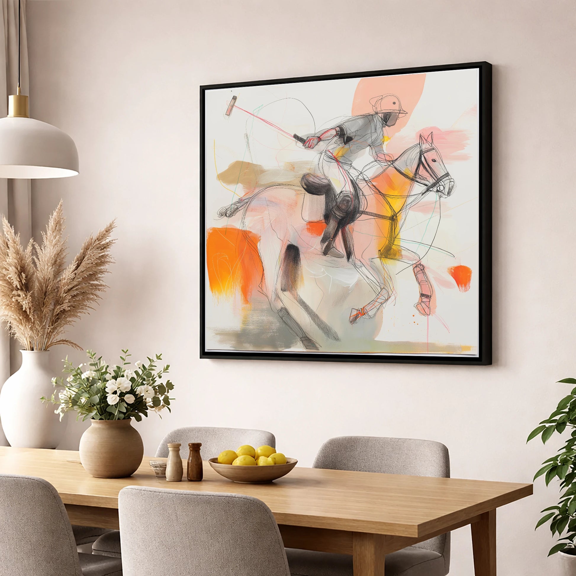 Dynamic Polo Swing polo horse wall art displayed in a dining room