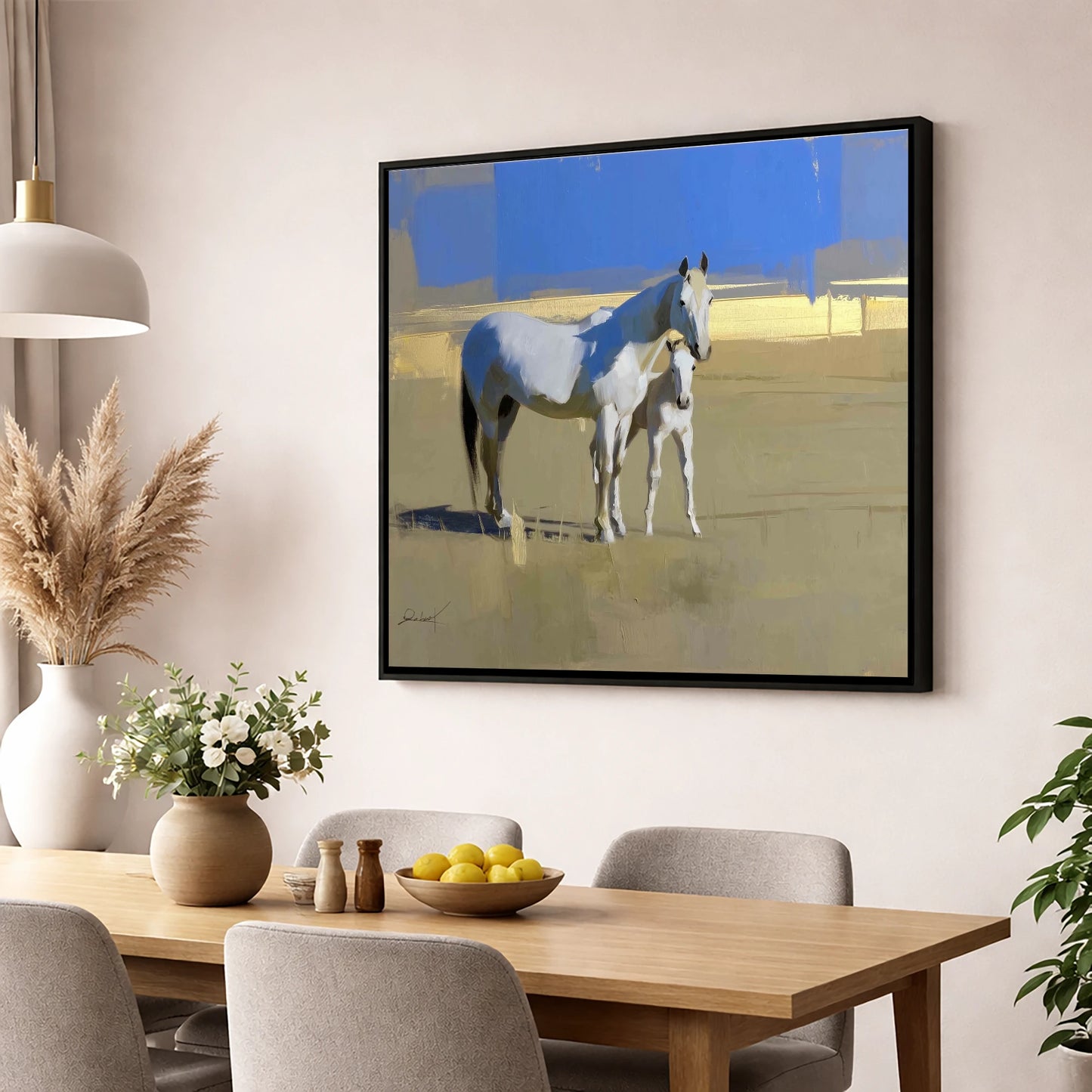 Midsummer Greys mare & foal wall art displayed in a dining room
