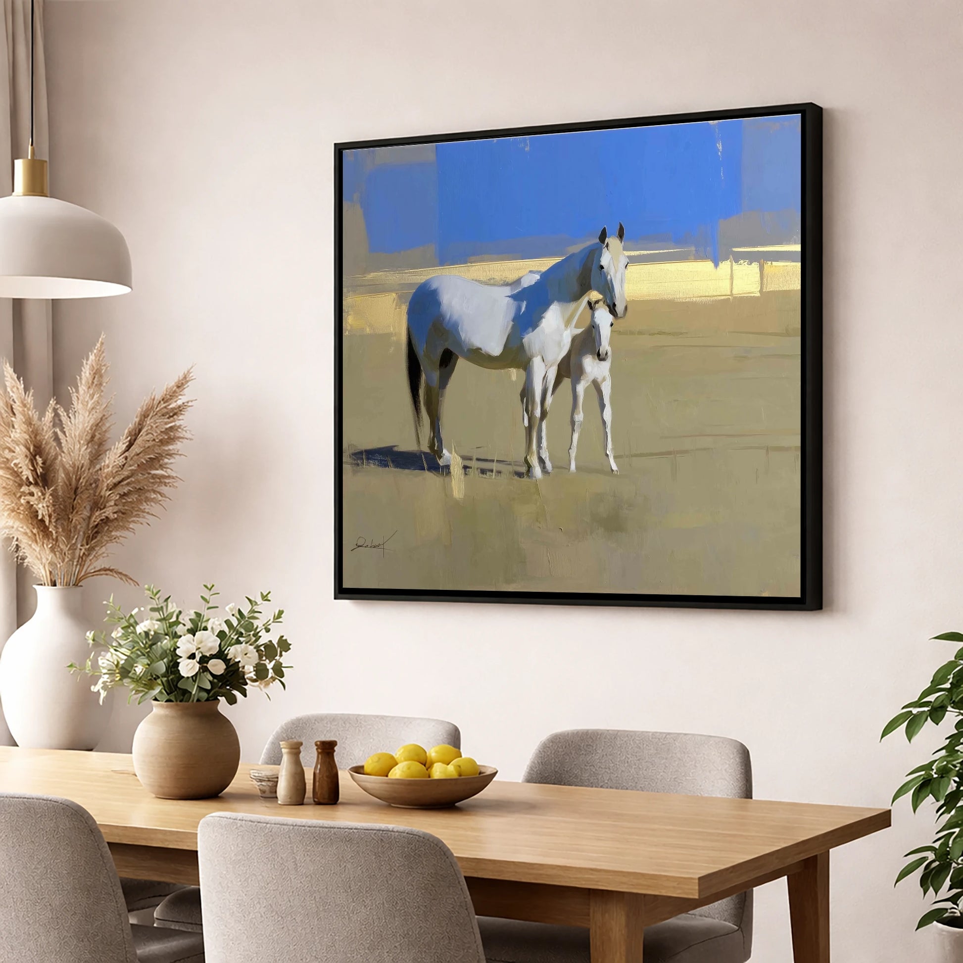 Midsummer Greys mare & foal wall art displayed in a dining room