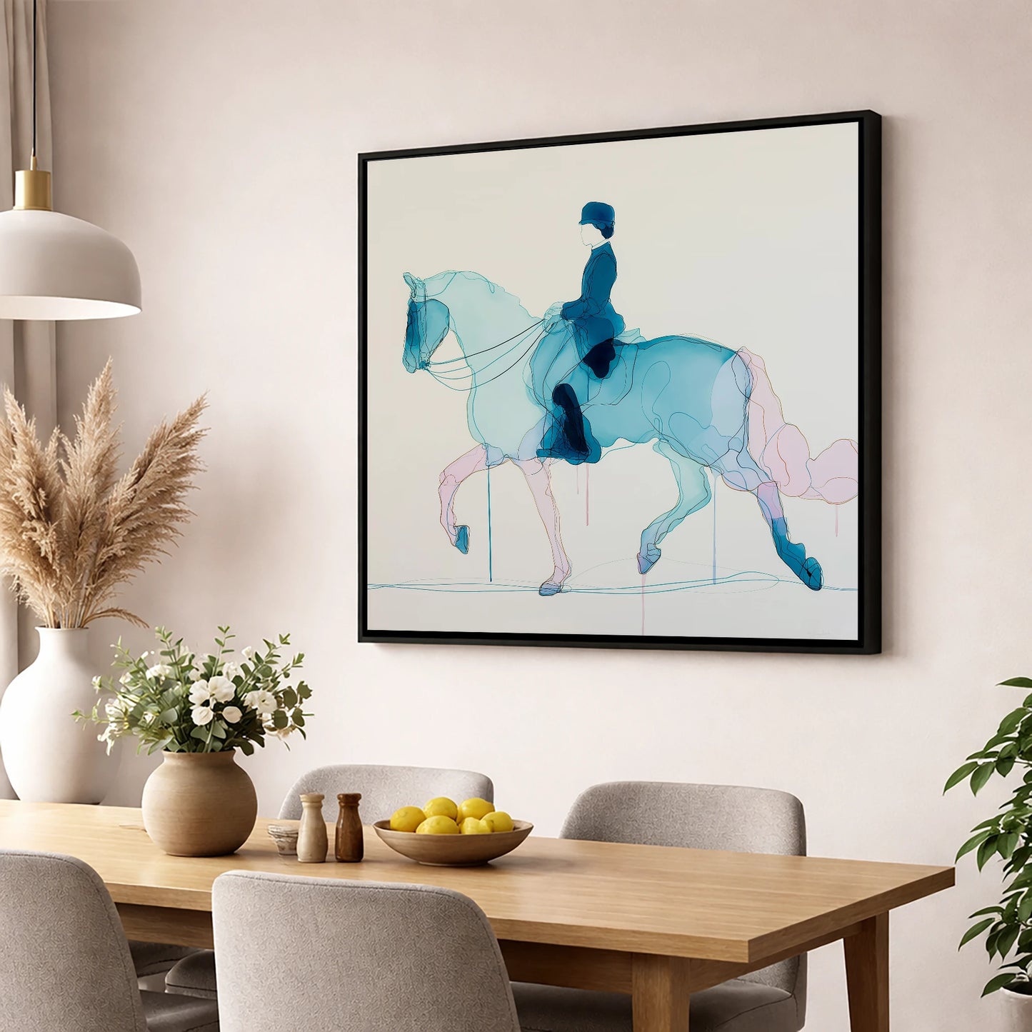 Fluid Dressage Grace dressage horse wall art displayed in a dining room