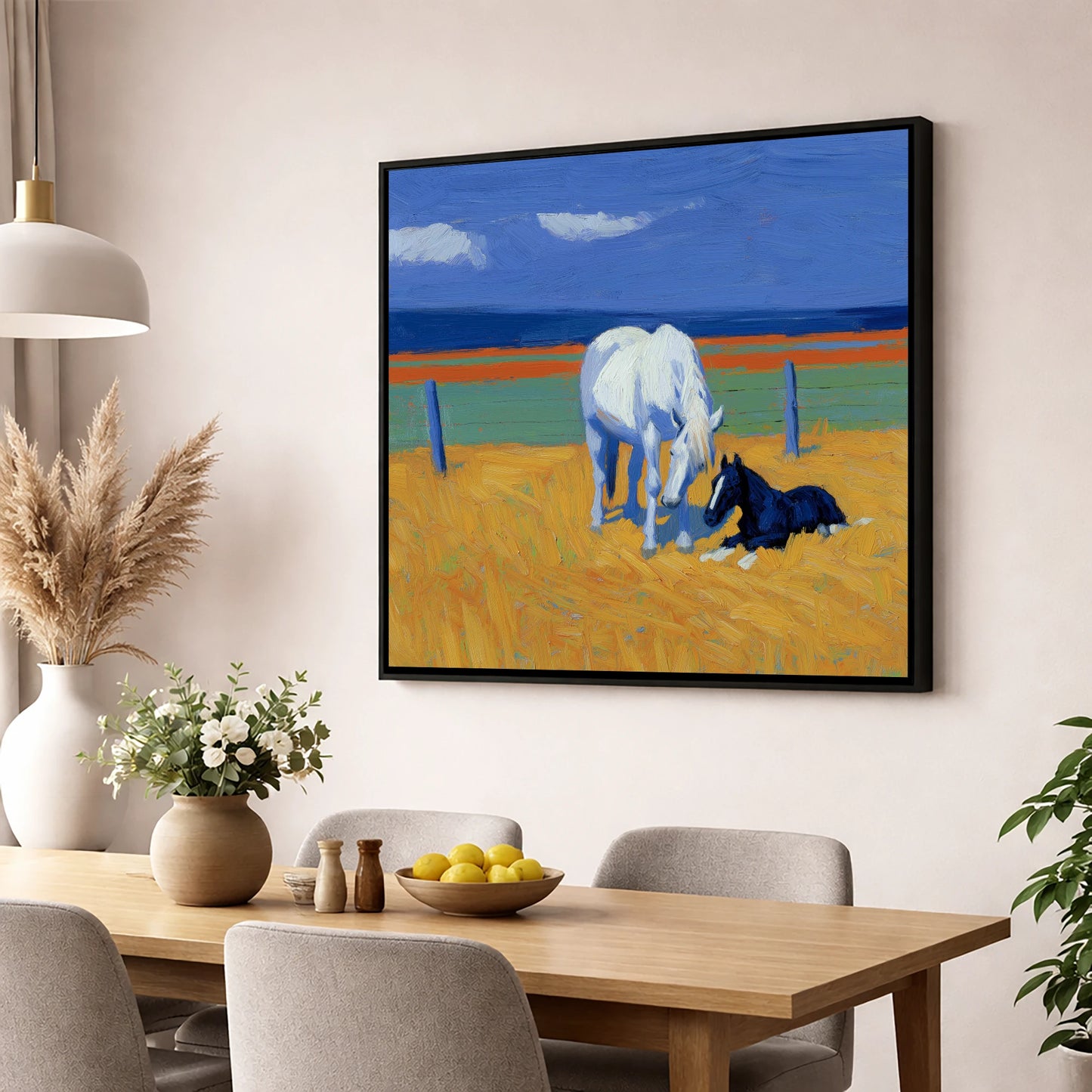 Sunlit Mare and Foal mare & foal wall art displayed in a dining room