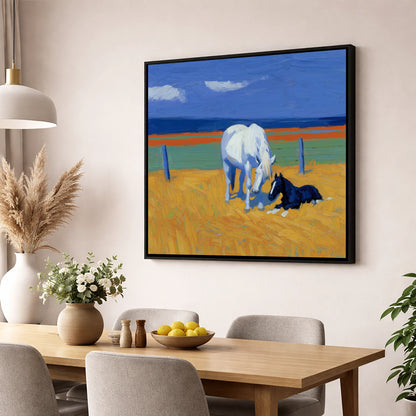 Sunlit Mare and Foal mare & foal wall art displayed in a dining room