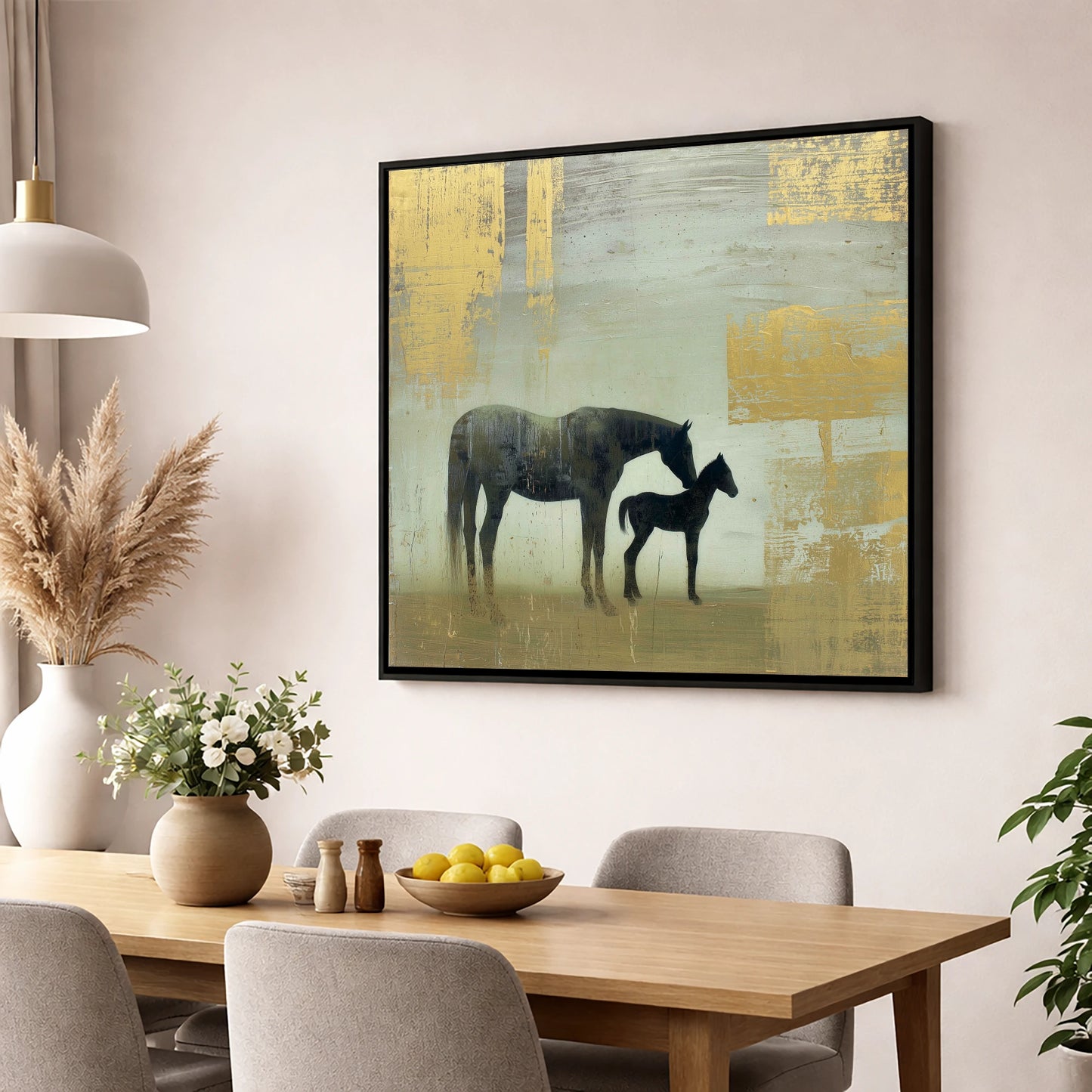 Gilded Maternal Bond mare & foal wall art displayed in a dining room