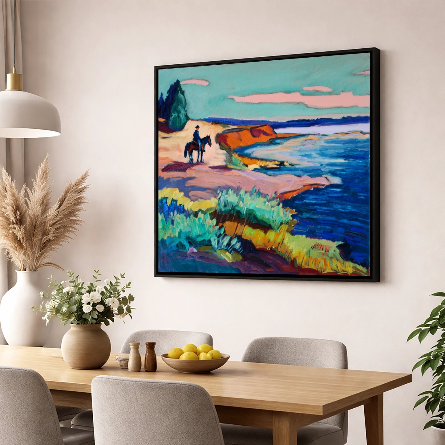 Vivid Coastal Hack beach horse wall art displayed in a dining room