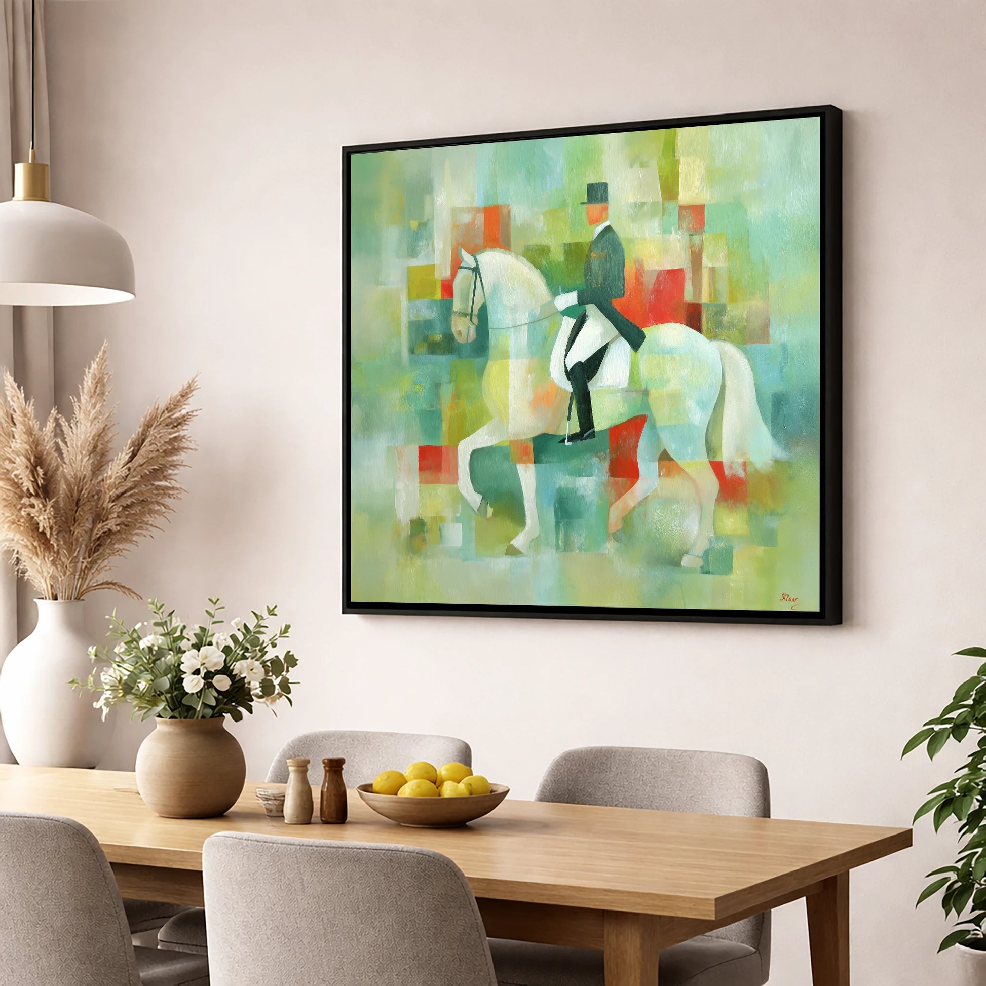 Collected In Colour dressage horse wall art displayed in a dining room