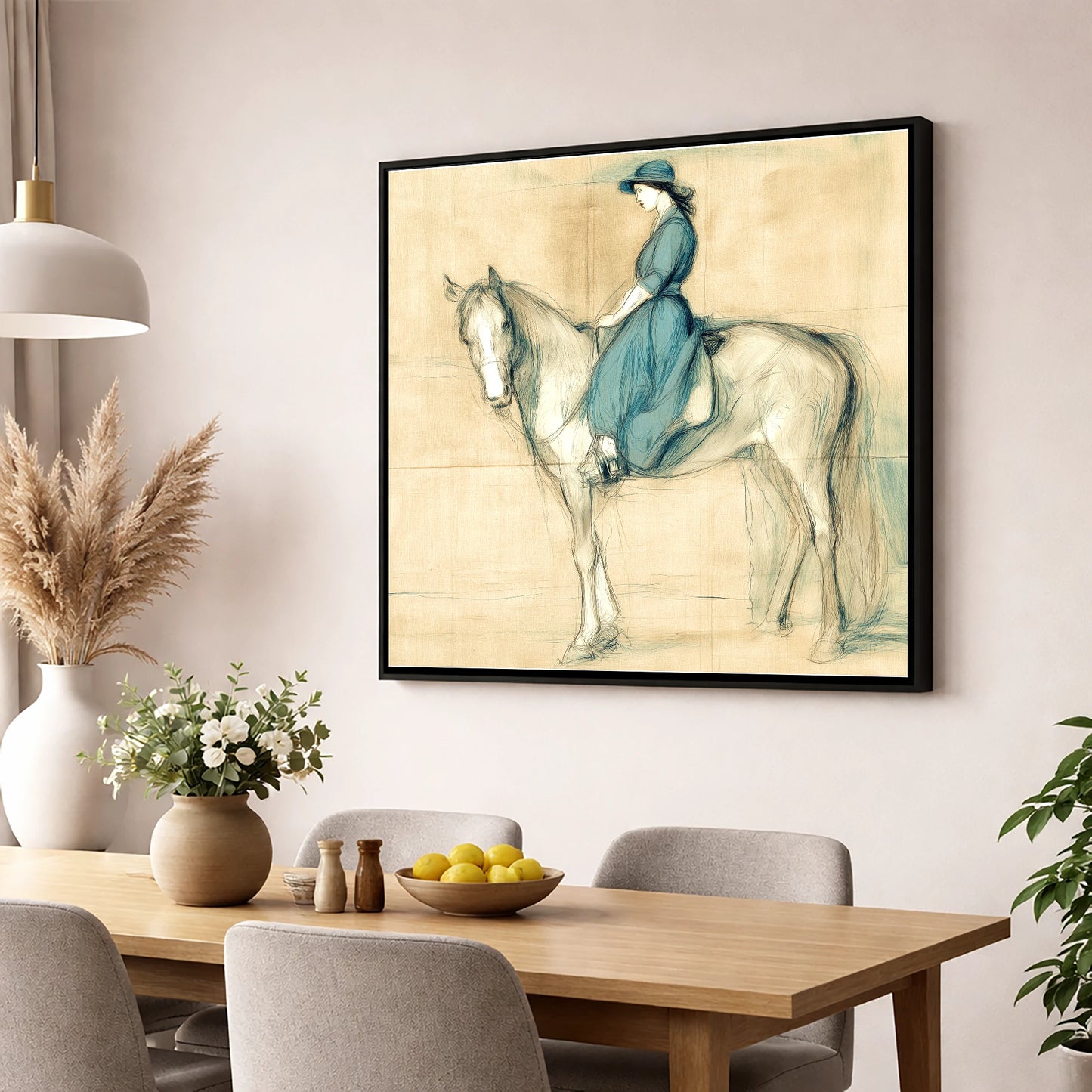 The Lady in Teal horse & rider wall art displayed in a dining room