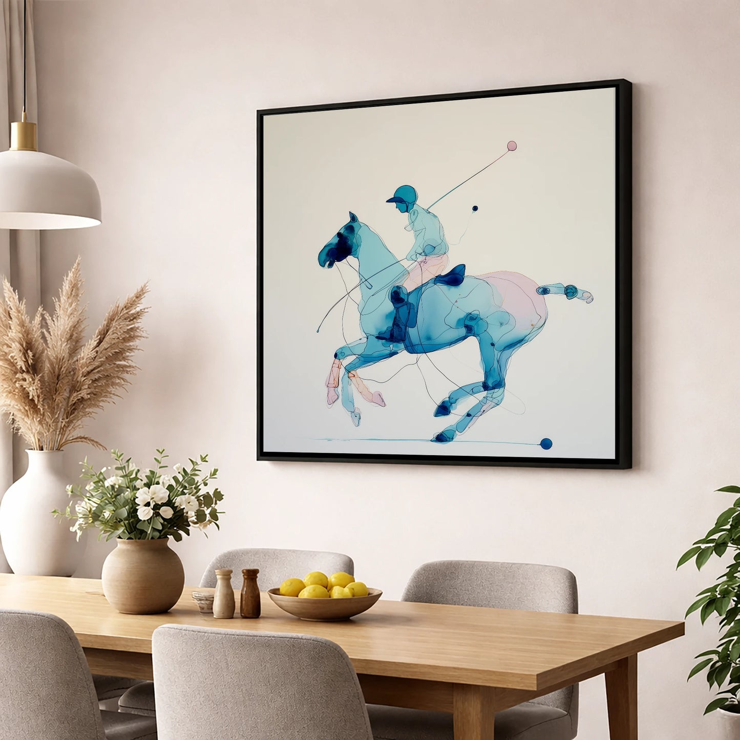 Azure Polo Gallop polo horse wall art displayed in a dining room
