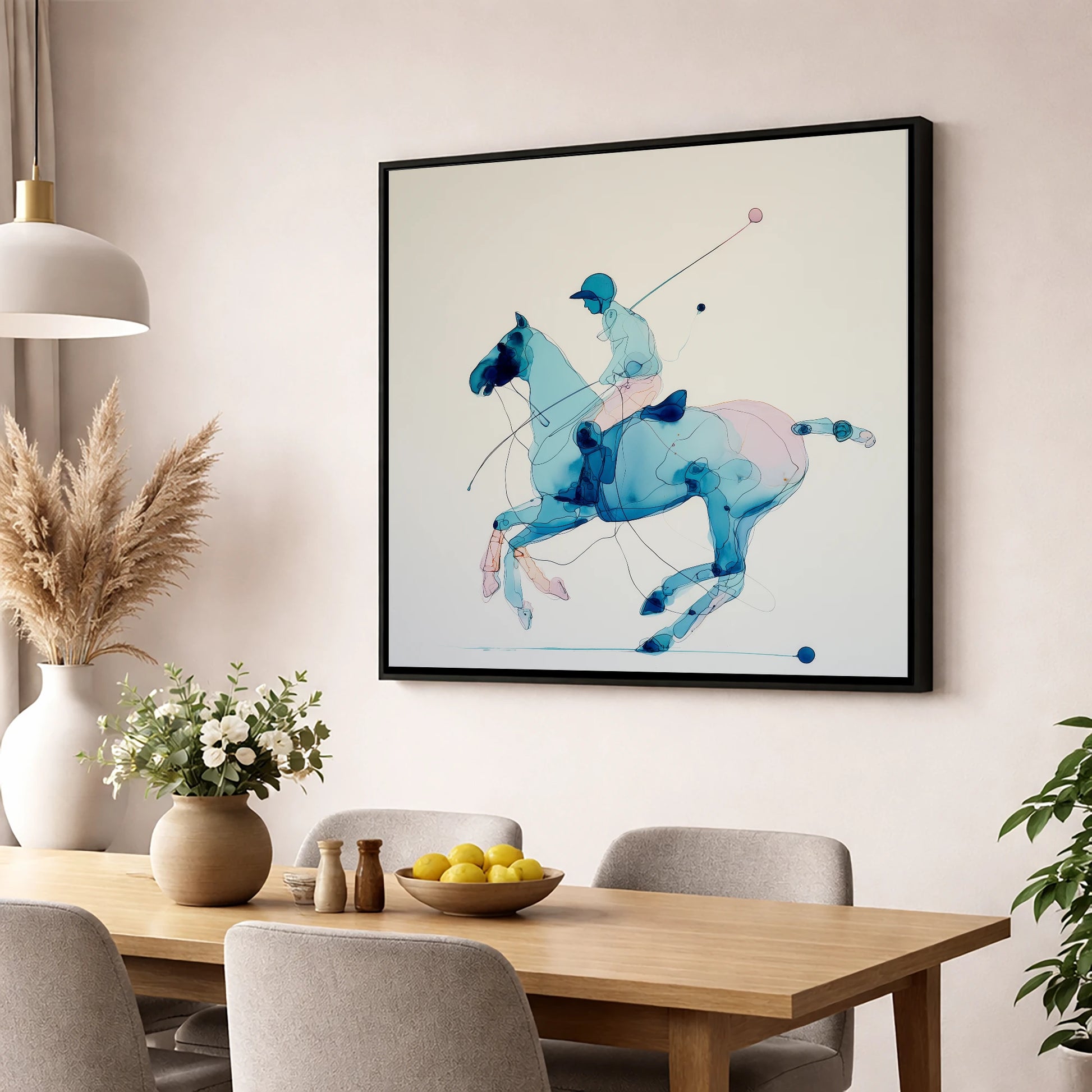Azure Polo Gallop polo horse wall art displayed in a dining room