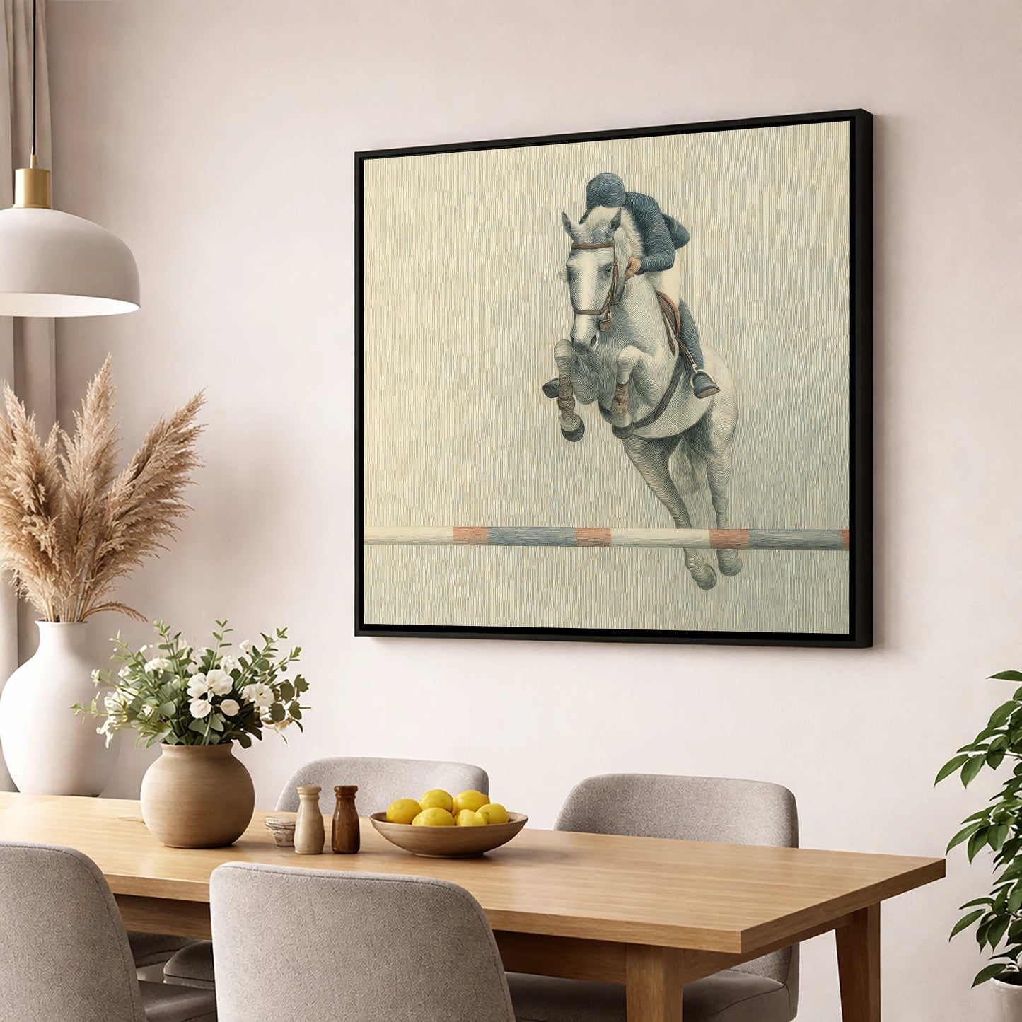 Suspended Flight show jumping horse wall art displayed in a dining room