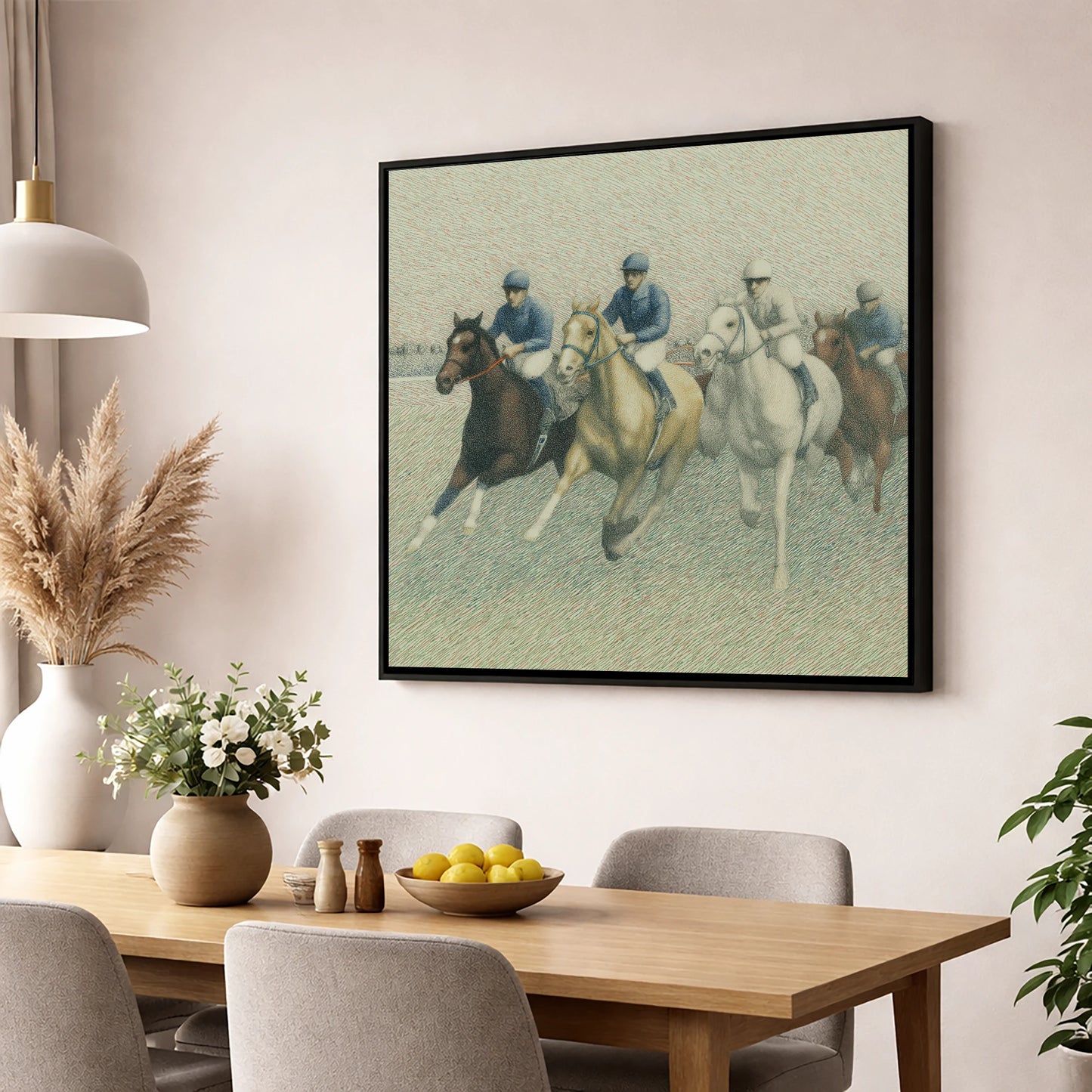 The Classic Field racing horse wall art displayed in a dining room