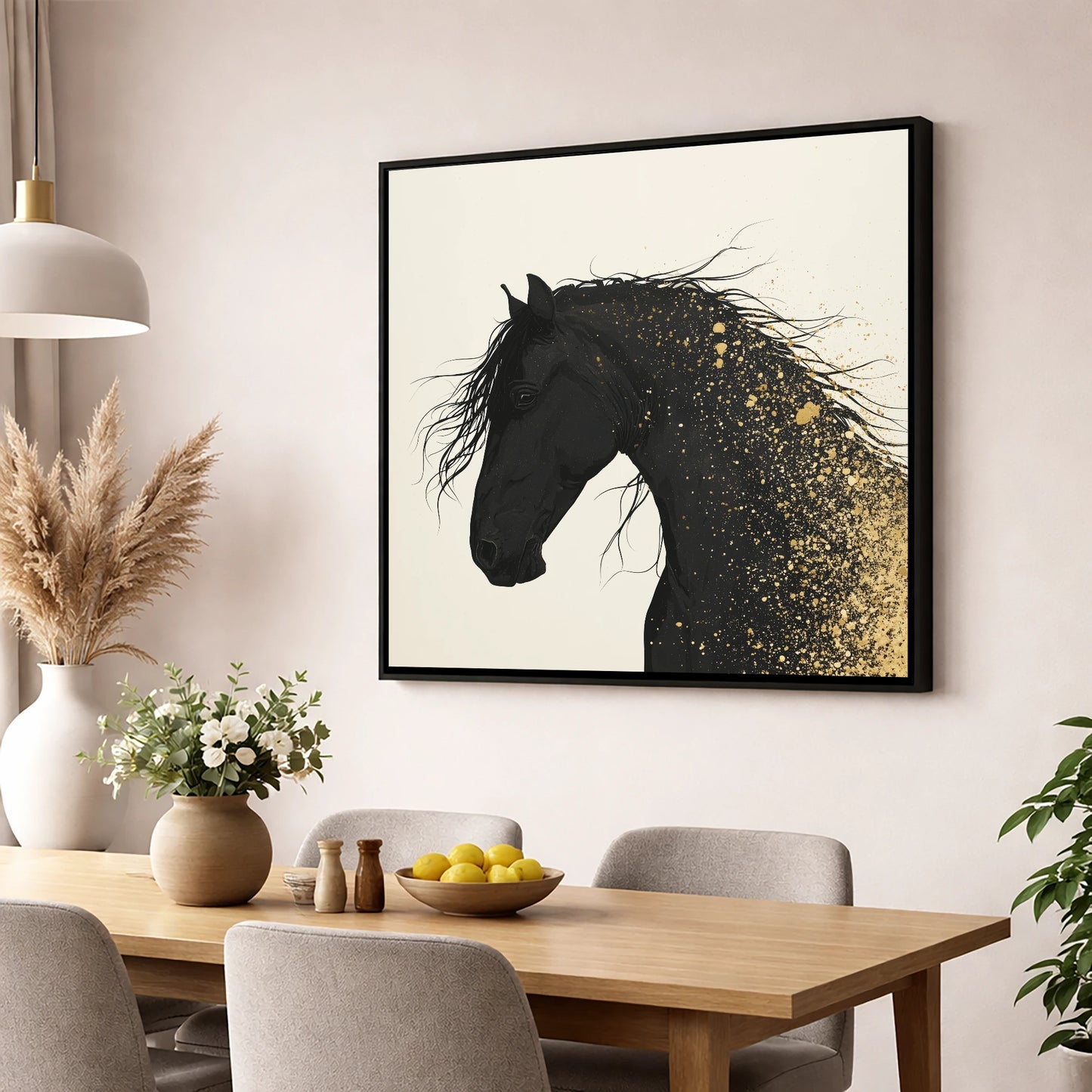 Gilded Midnight horse breed wall art displayed in a dining room
